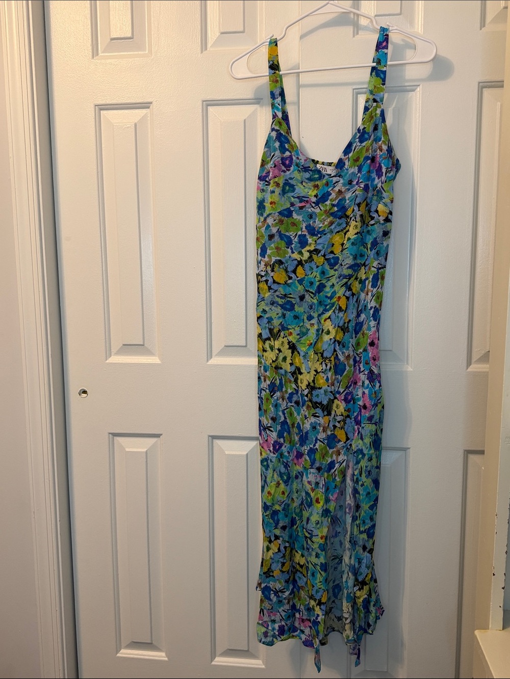 Zara Vibrant Blue Floral Satin Midi Dress Colorful Botanical Print Size M